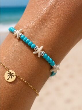 CaliGirl Hawaiian Beach Bracelet, Turquoise Beads Starfish Shell, Adjustable,new